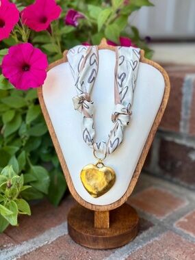 New Heart Pendant Scarf Necklace in White and Gold Heart Charm